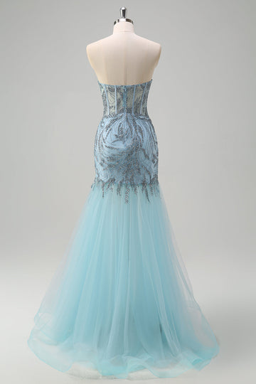 Scintillante luce blu sirena corsetto senza spalline lungo Abito da cerimonia con fessura